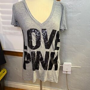 Gray V-Neck Sequin Logo Top